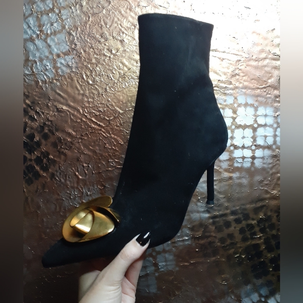 Zara Black Suede Stiletto Ankle Boots with Gold Accent